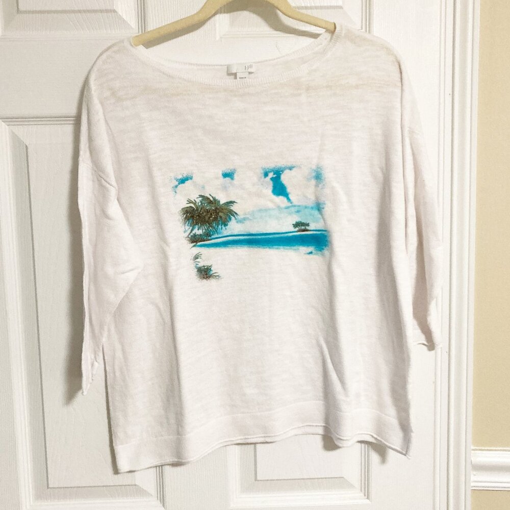J Jill 3/4 Sleeve Linen Blend Island Scene Sweater Size L